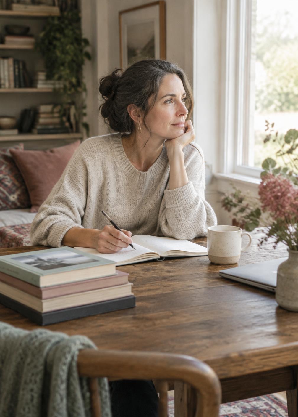 A woman reflecting in a notebook by a window